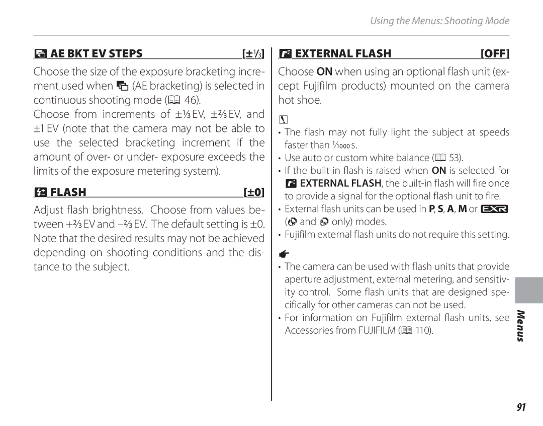 FujiFilm 16286187-4-KIT owner manual  AE BKT EV Steps, ±1/3,  Flash,  EXTERNAL Flash 